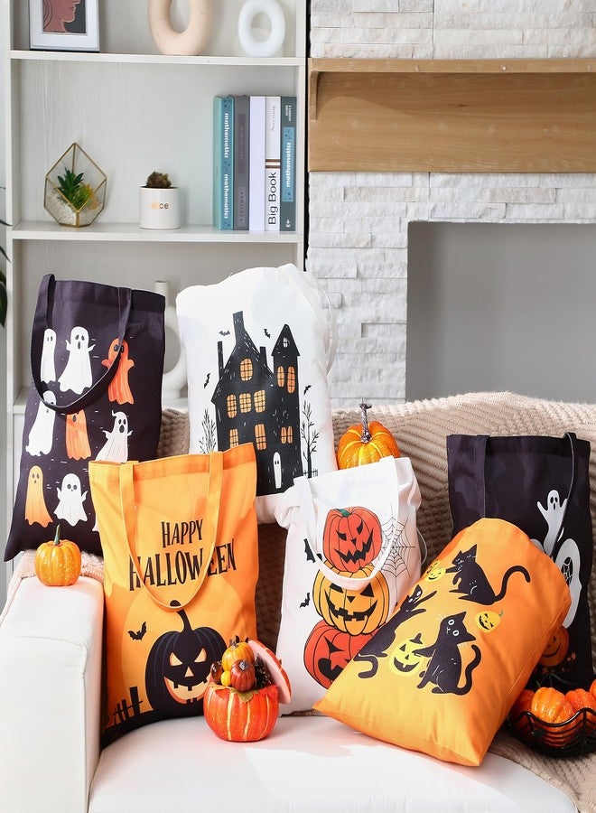 Yeyeplum 12 Pcs Large Halloween Canvas Tote Bags Bulk 15.75" Reusable Trick or Treat Goodie Candy Bags Pumpkin Boo Ghosts Black Cat Skull Castle Grocery Shopping Tote Gift for Halloween Party Supplies - Image 5